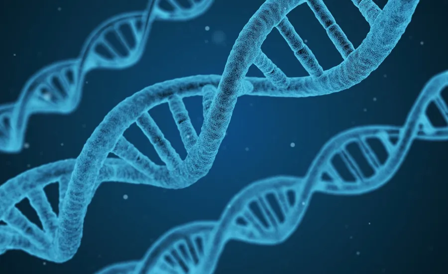 Blue DNA with dark blue background.