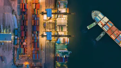 iStock aerial view of a commercial container ship in a dockyard