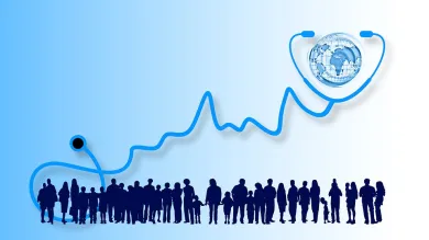 Symbolic illustration showing an image of the world listening through a stethoscope to a large and diverse group of people, shown as silhouettes. 