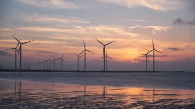 Coastal windturbines at sunset
