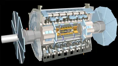 The ATLAS detector, the largest particle detector at the Large Hadron Collider (LHC), the world's largest atom smasher. 