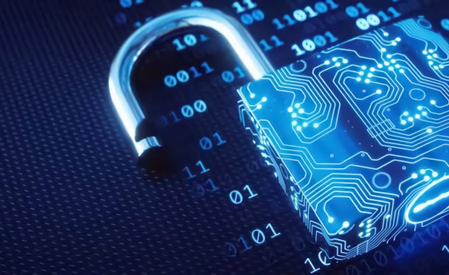 A blue padlock made to resemble a circuit board and placed on binary computer code