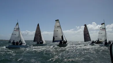 5 dinghies sailing on choppy sea