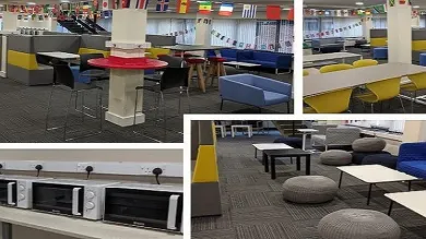 Group study area with sofas and microwaves