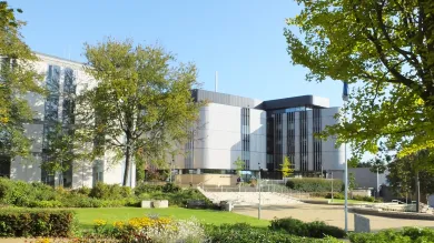 Life sciences building 85, viewed from gardens on a sunny summer day