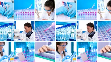 Collage of six photos highlighting various activities within a laboratory setting, including scientists using pipettes, examining samples under a microscope, and handling laboratory bottles and multiwell plates
