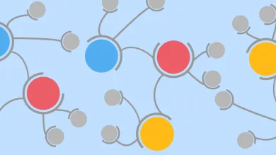 BRAIN UK background image with blue, yellow and red circles in various sizes connected to each other, representing the network of participating centres and researchers