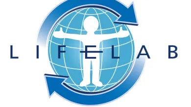 LifeLab logo, a white figure inside a blue globe with lines of longitude and latitude. There are two arrows in a darker blue circling the globe.