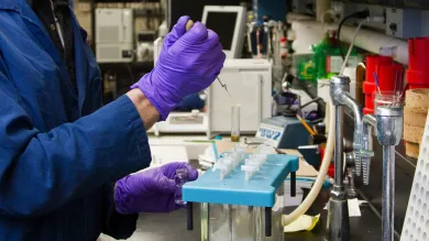 A scientist injects a test tube with fluid
