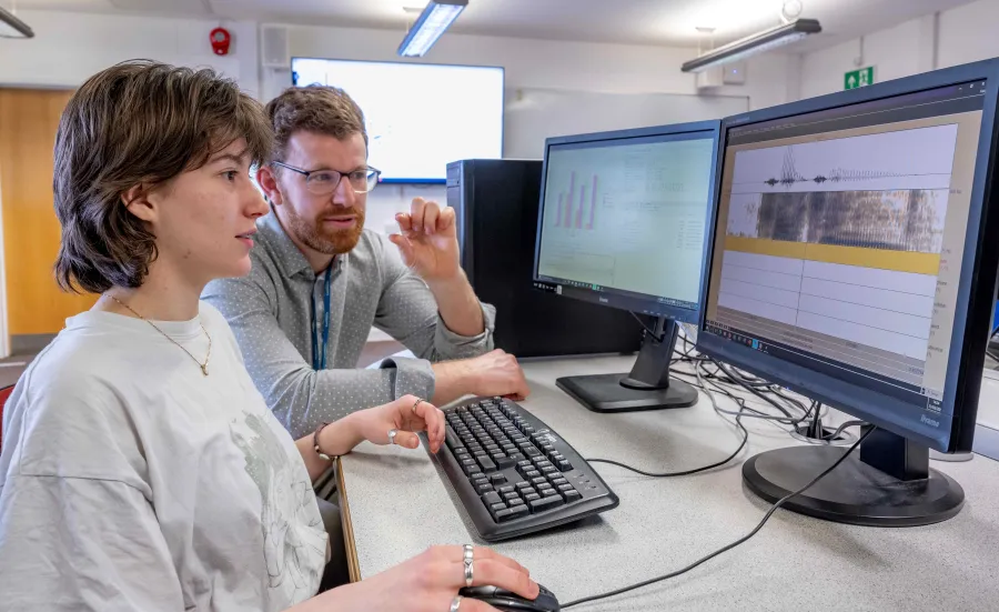 A student and tutor analysing conversation patterns on a computer screen