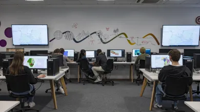 Students working at computers in the Southampton Geospatial Computing facility