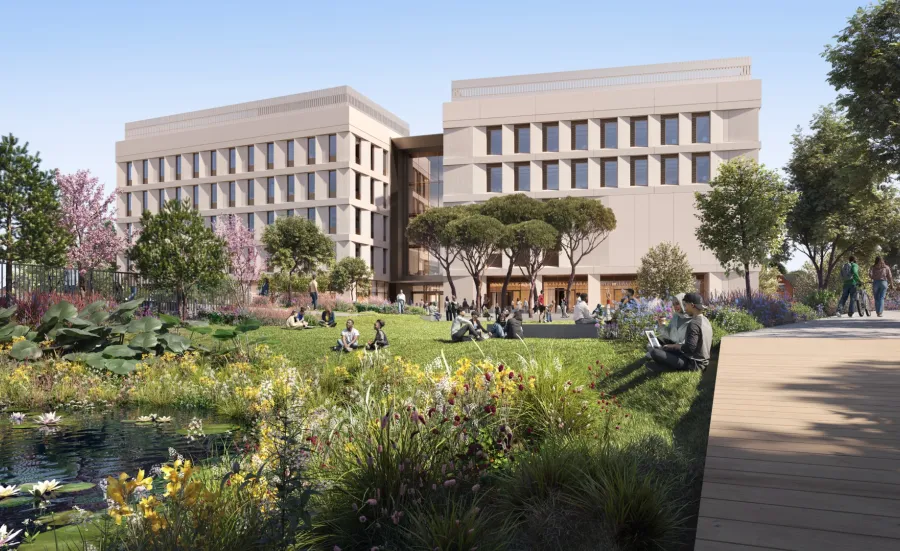 A CGI development mockup of the proposed North East Quadrant building, surrounded by trees, a small wildflower garden and wildlife pond with students resting and studying