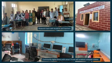 Collaged images of research team with students and teachers, community digital library with smart TV and wifi-enabled computer station