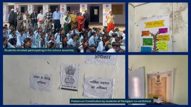 Collaged images of students enrolled participating in the school assembly, posters on Constitution by students at Pachgaon co-ed School