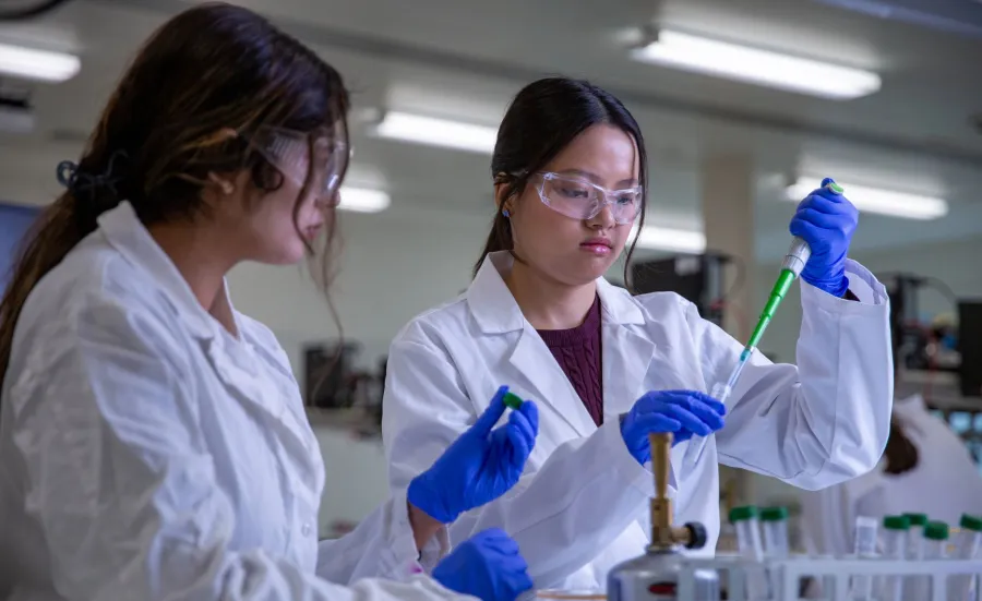 Two microbiology students working in a lab together. They have an experiment set up on the table in front of them with petri dishes and test tubes. 