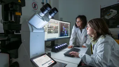 Researchers looking at data on a computer screen