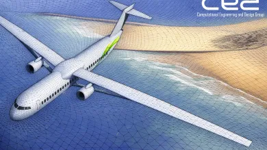 Computer-generated mesh model of an airplane over a coastal landscape.