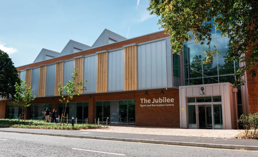 The outside view of the Jubilee Sports Centre on a sunny day.