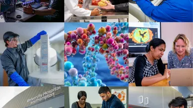 Three-by-three collage showing medical research, laboratory work, anatomical training, hospital care, and scientific imaging. A composite image capturing the essence of the Faculty of Medicine.