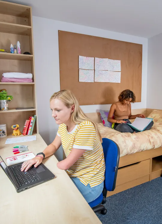 Two students in a bedroom. One sits reading on a single bed while the other works on a laptop, sat at a desk beside a window.