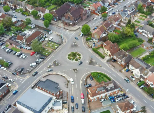 An aerial shot of a UK town, with some signs economic fortunes are not strong such as underused spaces