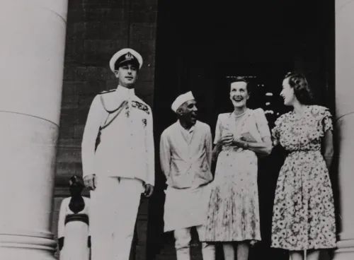 Jawaharlal Nehru, and Lord and Lady Mountbatten on the steps of Government House in Delhi, 1948