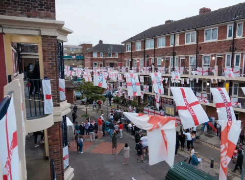 A street in Bermondsey, London, decked in English flags during the Euro 2020 final.