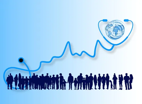 Symbolic illustration showing an image of the world listening through a stethoscope to a large and diverse group of people, shown as silhouettes. 