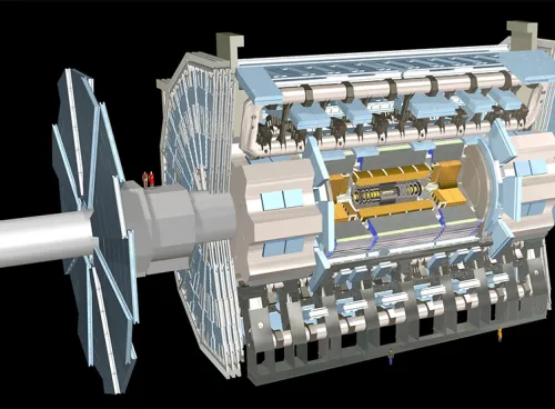 The ATLAS detector, the largest particle detector at the Large Hadron Collider (LHC), the world's largest atom smasher. 
