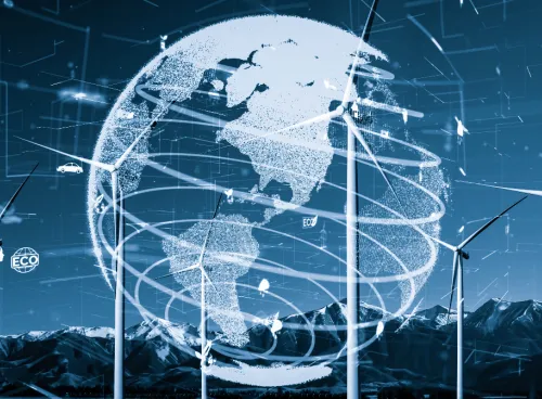 digital image of the earth surround by wind turbines and mountains, with logos associated with energy and sustainability