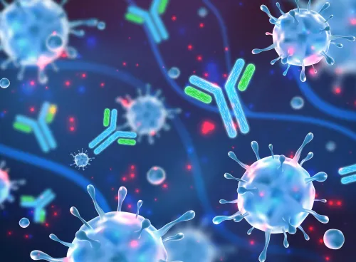 Stylized illustration of a microscopic view featuring virus particles and antibodies with a blue gradient background, creating an impression of a biological response.
