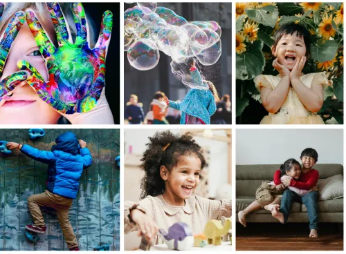 A collage of children enjoying various playful activities with paint, bubbles, sunflowers, climbing, toys, and hugs.