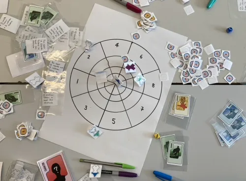 A tabletop game in progress showing cards, tokens and a target board used for exploring character, emotion and decision-making.