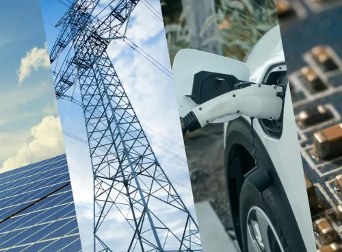Image divided into four vertical sections, showing, left to right, solar panels, an electricity transmission tower, an electric vehicle charging, and an electronic circuit board.