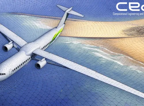 Computer-generated mesh model of an airplane over a coastal landscape.