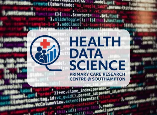 the Health datat science logo over a computer screen with code
