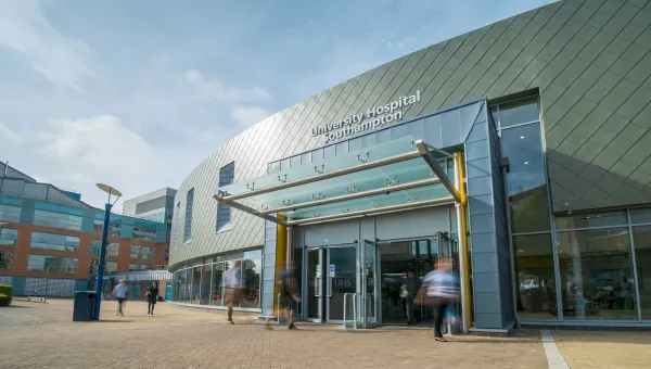 People coming and going outside the entrance of Southampton General Hospital.