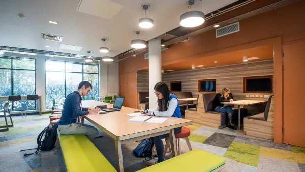 Students working at large shared table in a modern common room.