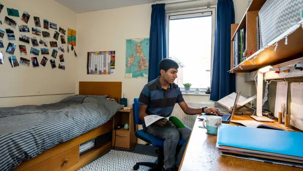 Student sat working at desk in bright, modern bedroom.