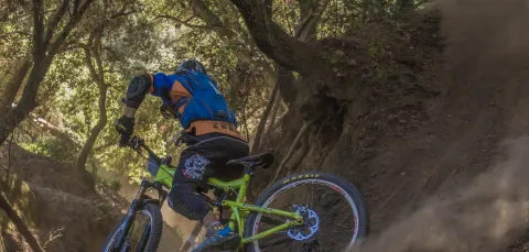 Man on mountain bike, kicking up dirt on a forest bike trail.