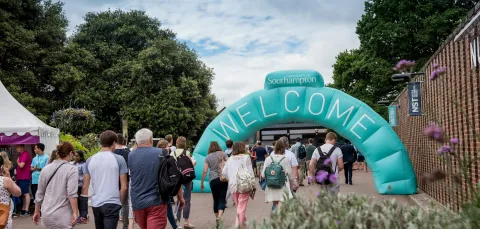 The Open Day Welcome arch at Highfield Campus