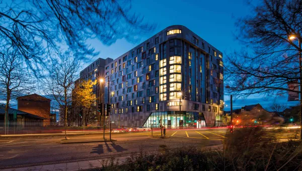 Wide angle view of Mayflower Halls of Residence at dusk