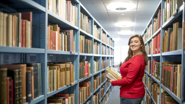 A student smiling over her shoulder as she carries a pile of books through the stacks in Hartley library.