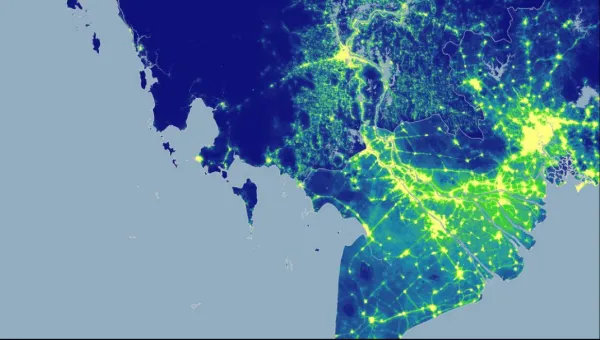An aerial map coloured to show population distribution over a geographical area.