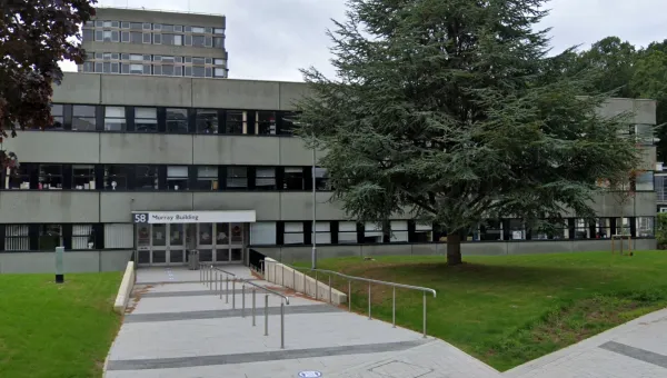 An outdoor shot of the main entrance to Building 58: the Murray building.