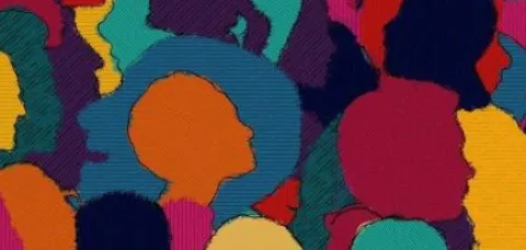 A graphic depicting a multicoloured mosaic of overlapping human faces.