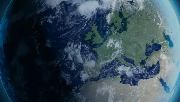 A view of Earth from orbit, centred on the European continent.