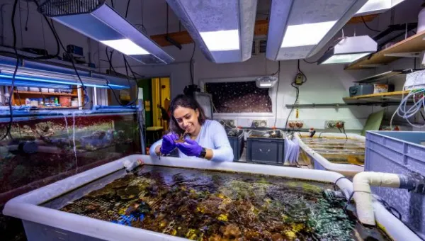 Masters student Christina Accad smiles as she volunteers at the National Oceanography Centre's research aquarium