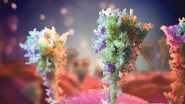 Digitally rendered image of SARS-CoV-2 viral spikes induced by the Oxford AstraZeneca vaccine
