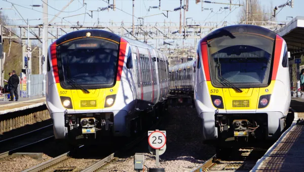 A pair of Greater Anglia Class 720 'Aventra' trains at Colchester station
